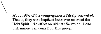 Line Callout 2: About 20% of the congregation is falsely converted. That is, they were baptized but never received the Holy Spirit.&nbsp;&nbsp; No effect on ultimate Salvation.&nbsp; Some disharmony can come from this group.
