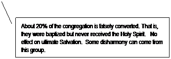 Line Callout 2: About 20% of the congregation is falsely converted. That is, they were baptized but never received the Holy Spirit.   No effect on ultimate Salvation.  Some disharmony can come from this group.
