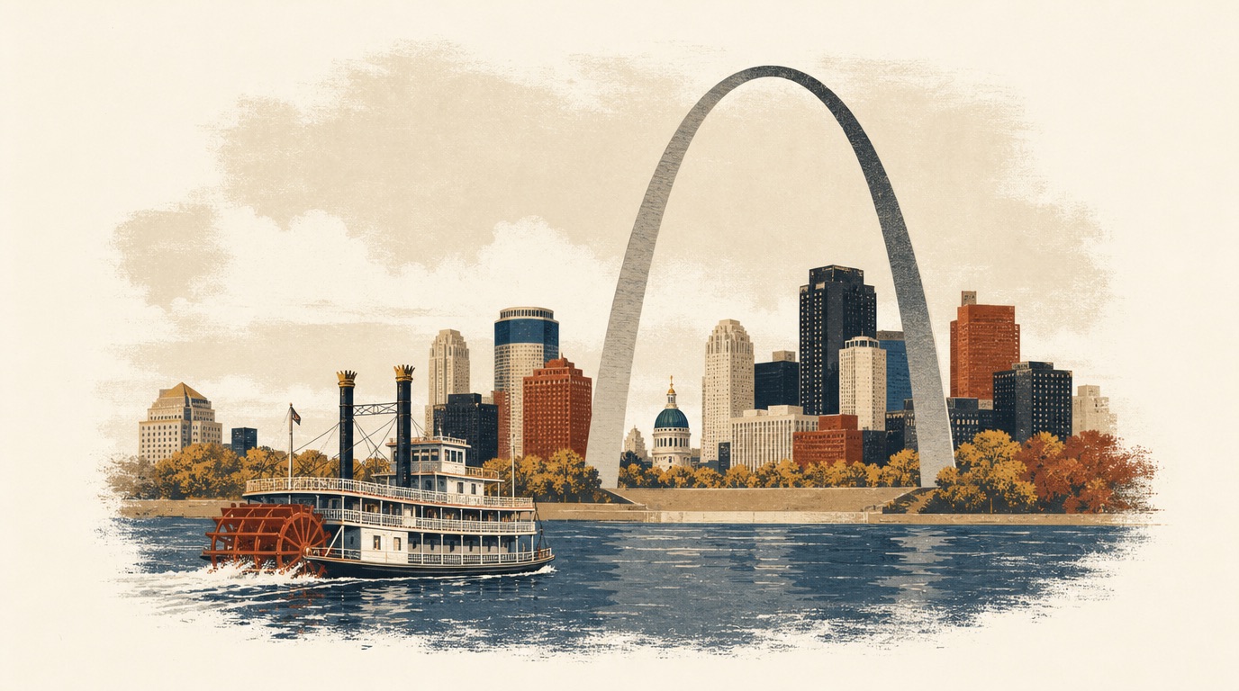 Illustration of the Gateway Arch above the riverfront with a paddlewheel boat on the Mississippi
