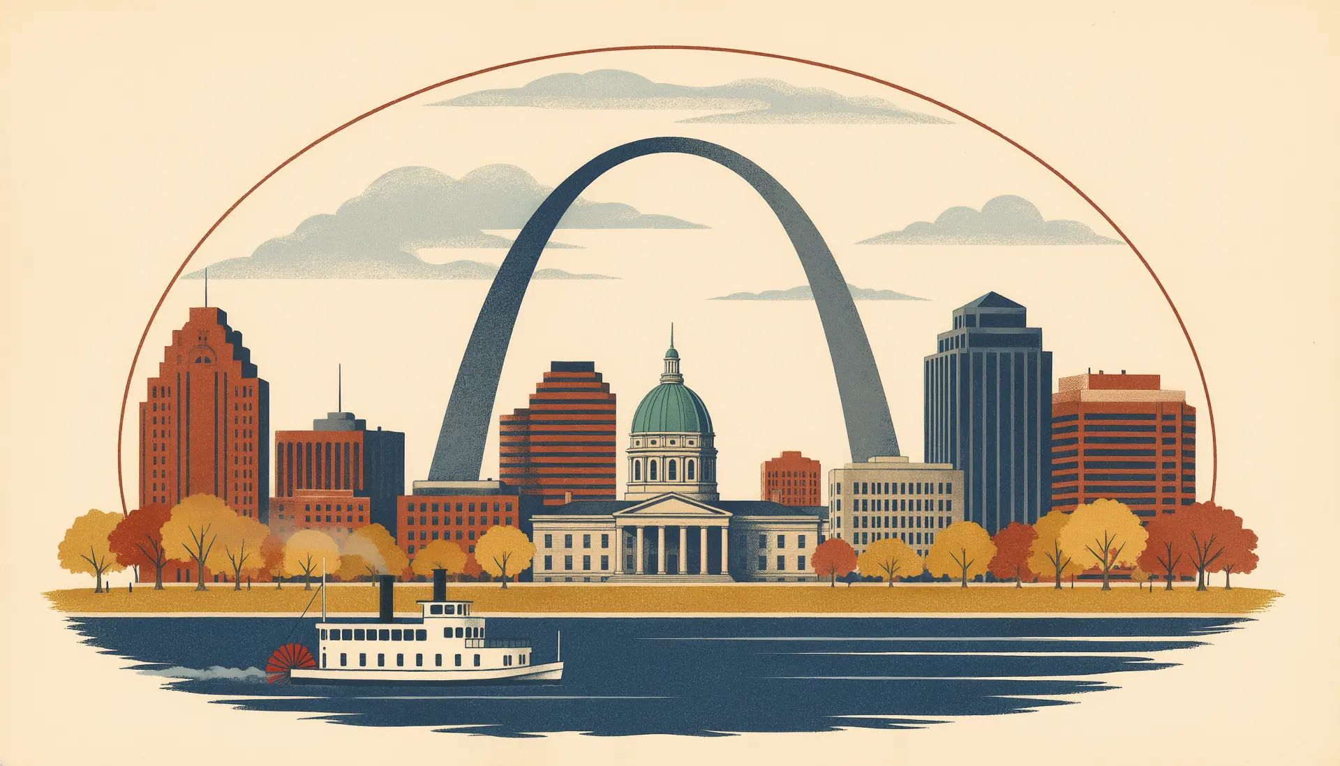 Illustration of the Gateway Arch above the riverfront with a paddlewheel boat on the Mississippi